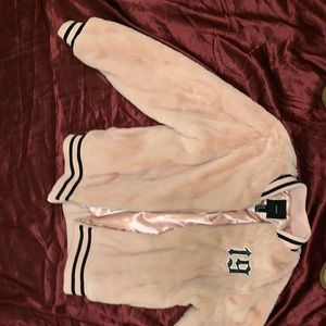 Fluffy and pink varsity ‘fur’ jacket!